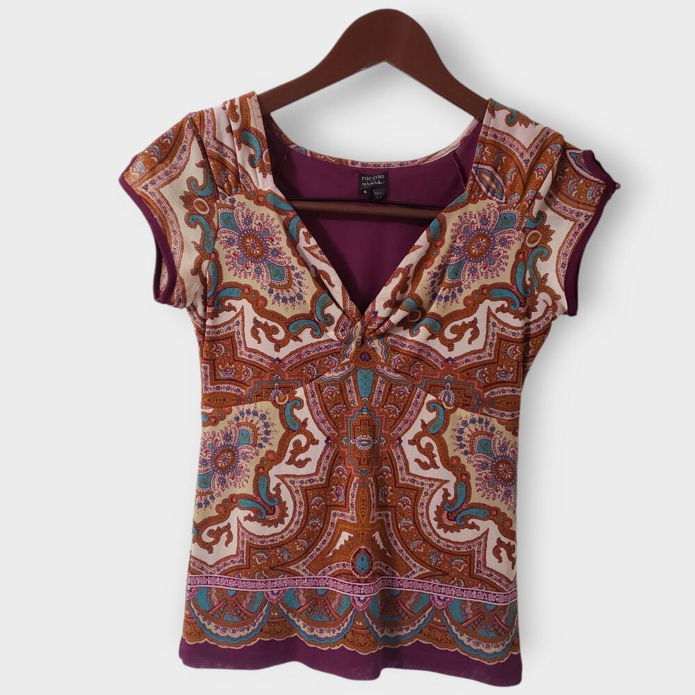 Nicole by Nicole Miller Purple Paisley Print Cap Sleeve Top